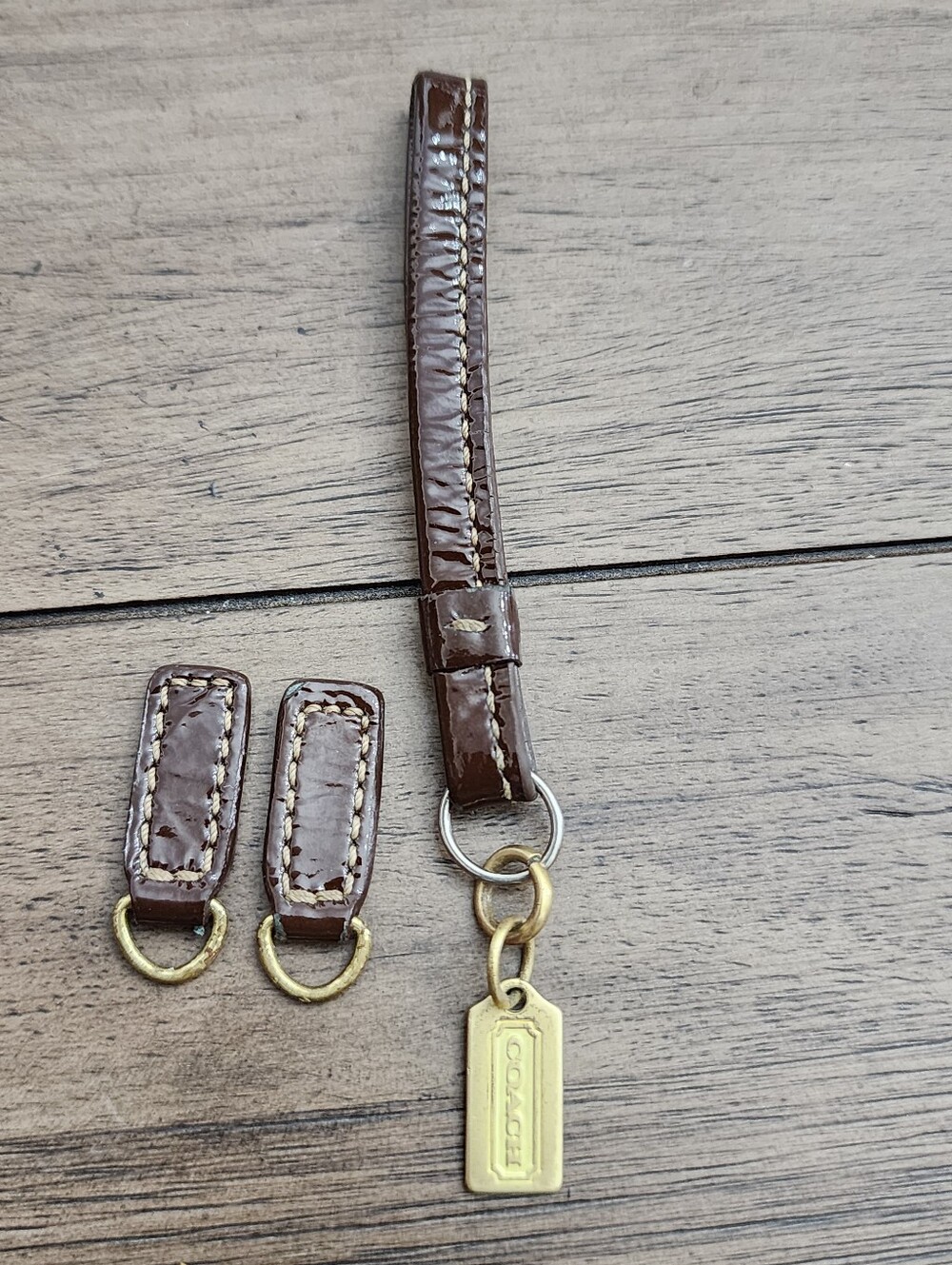 COACH Brown Patent Leather Zipper Pulls with Gold Tone Tag. 3 Zipper Pulls